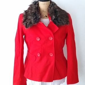METRO STYLE women's red double breasted wool peacoat with fur collar size 8